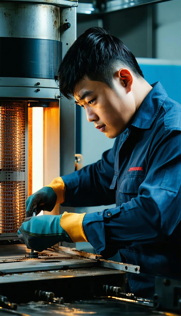 Professional Asian technician working on heating element cinematic dim lighting-2